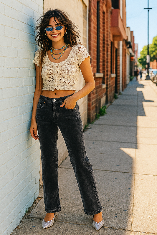 RISEN Mid-Rise Tummy Control Pants Corduroy Relaxed Fit Straight Leg Jeans