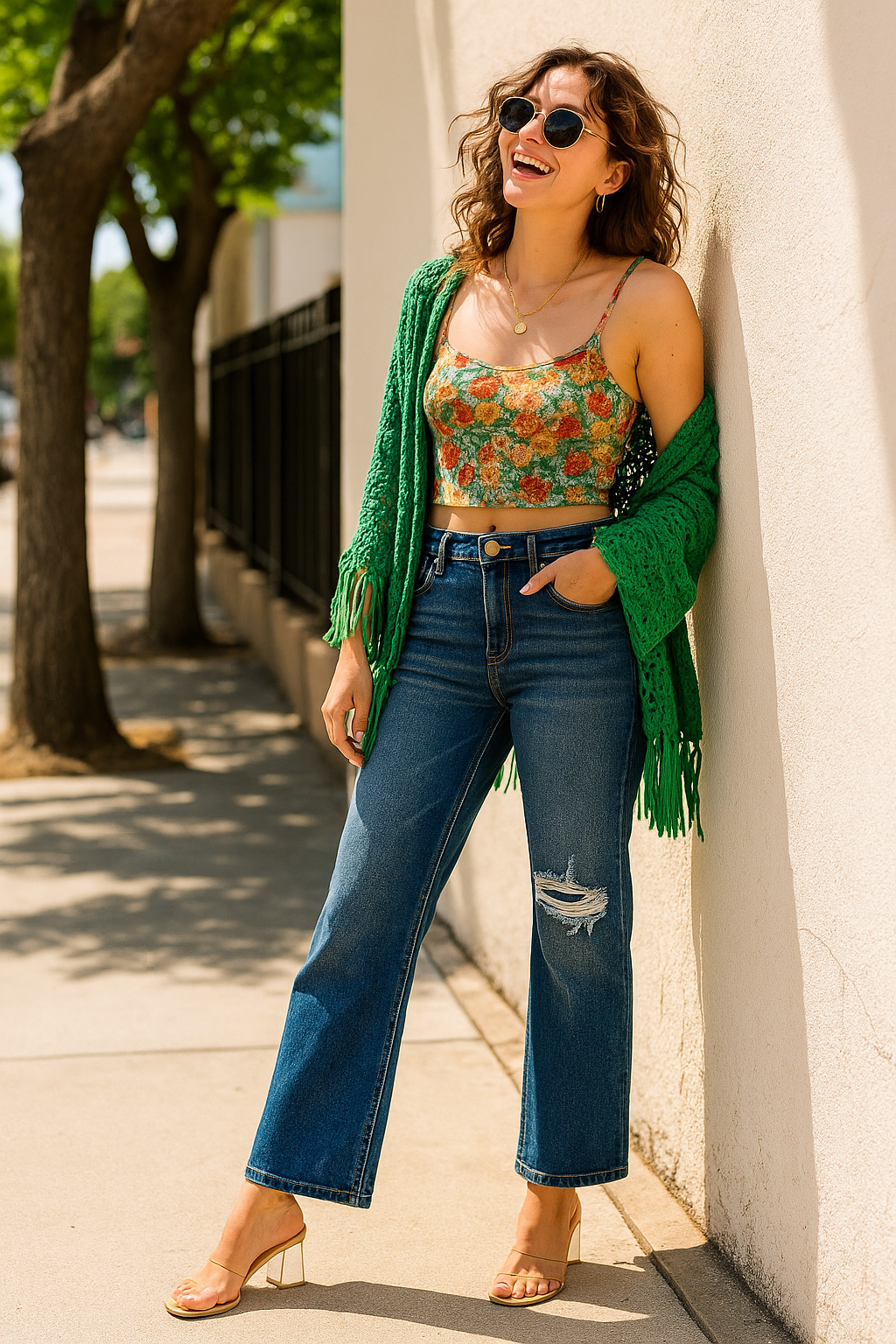 RISEN High-Rise Waist Distressed Patch Knee Straight Leg Pants Ankle Denim Jeans