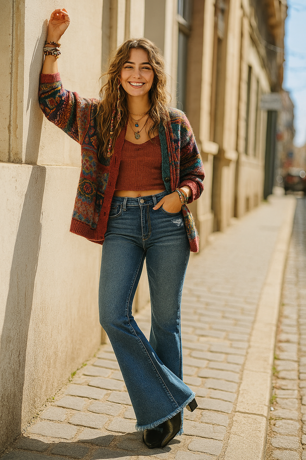 RISEN High-Rise Slim Fit 70s Flare Pants Distressed Frayed Raw Hem Denim Jeans