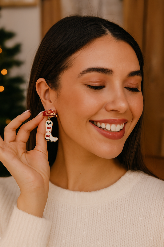 Cowboy Boot Ho Ho Ho Christmas Dangle Earrings Festive Western Cowgirl Jewelry