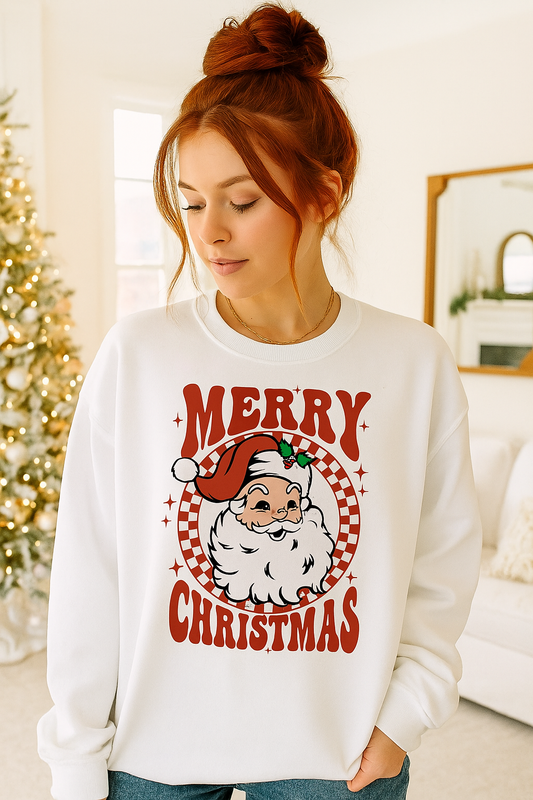 Retro Santa Merry Christmas Graphic Sweatshirt Holiday Sweater Shirt Top
