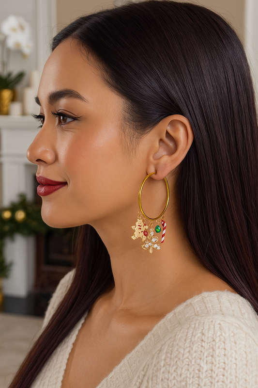 18K Gold Christmas Charm Hoop Earrings Holiday Dangle Festive Rhinestone Jewelry