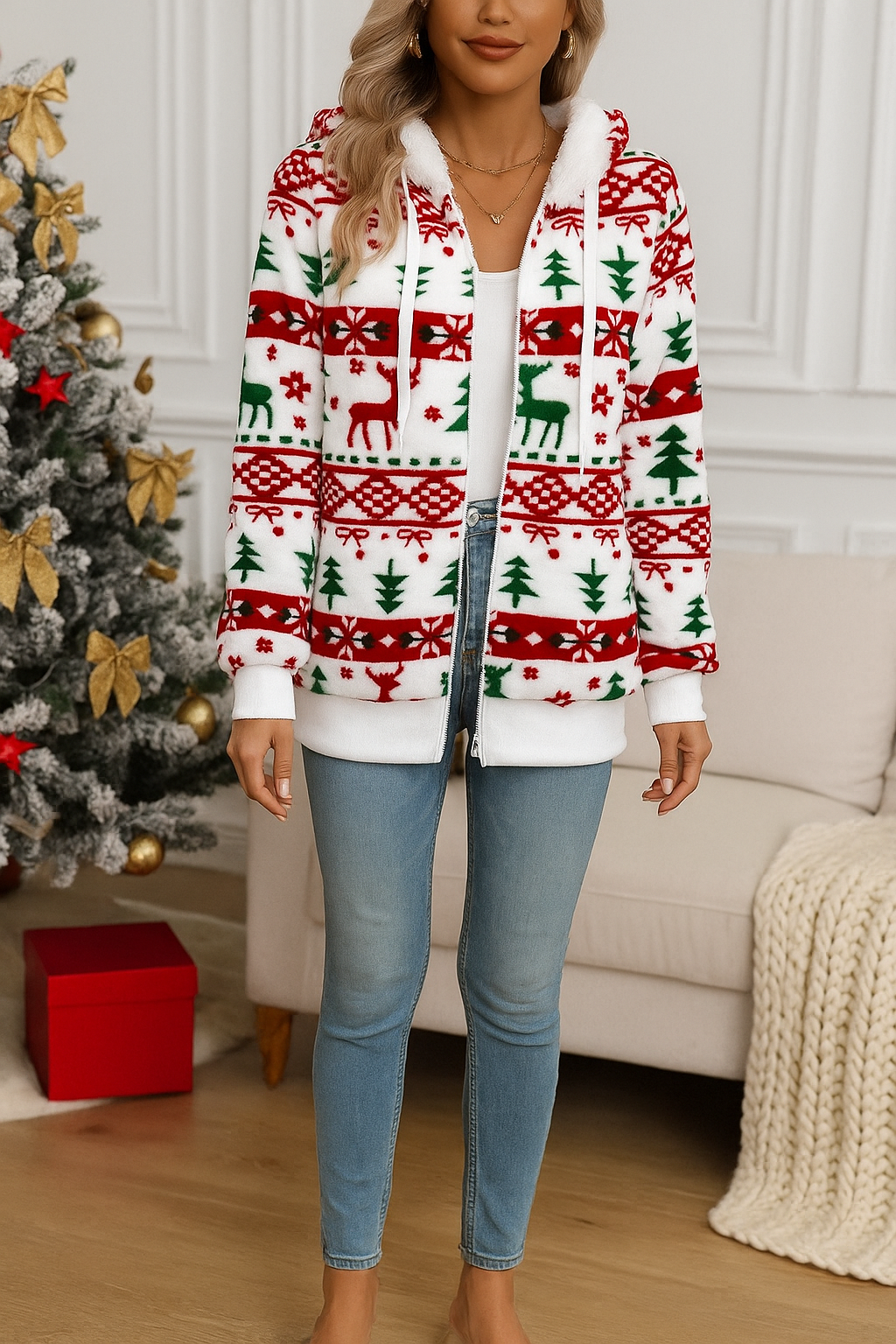 Fair Isle Snowflake Zip-Up Fleece Long Sleeve Drawstring Hoodie Pocket Jacket