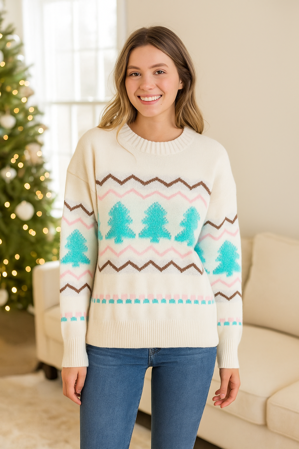 Plush Fuzzy Shag Christmas Tree Sweater Long Sleeve Holiday Knit Pullover Top