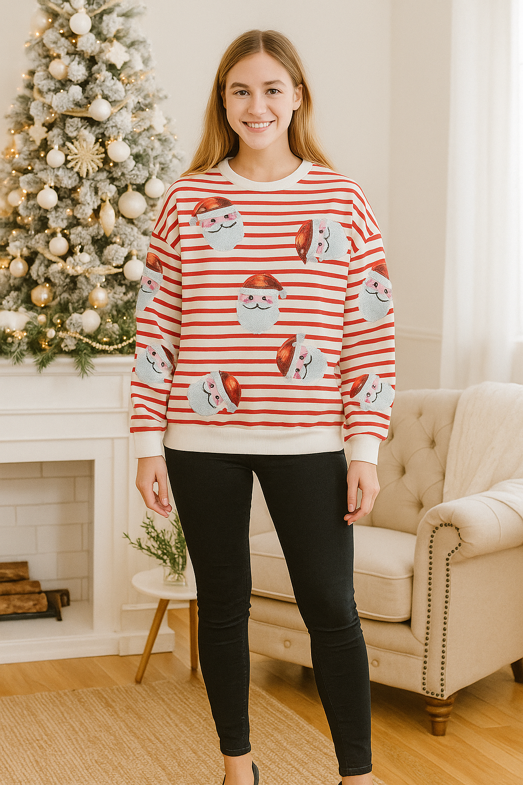 Sequin Santa Sweatshirt Holiday Stripe Long Sleeve Christmas Sweater Shirt Top