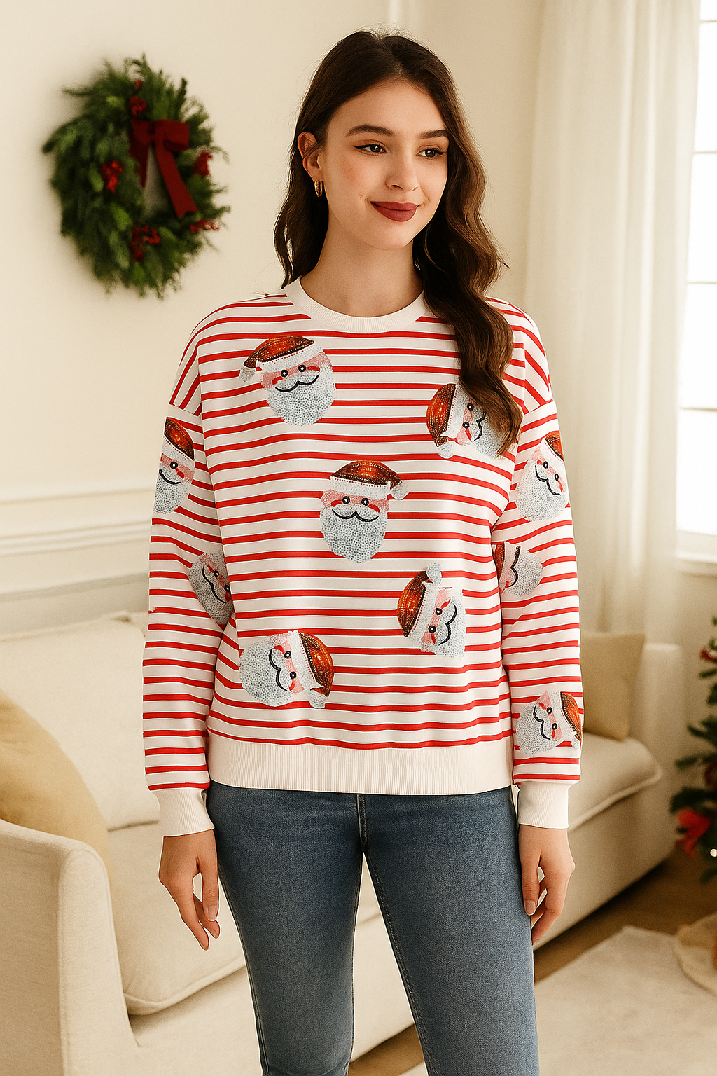 Sequin Santa Sweatshirt Holiday Stripe Long Sleeve Christmas Sweater Shirt Top