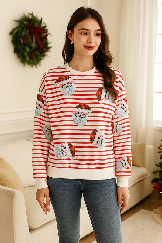 Sequin Santa Sweatshirt Holiday Stripe Long Sleeve Christmas Sweater Shirt Top
