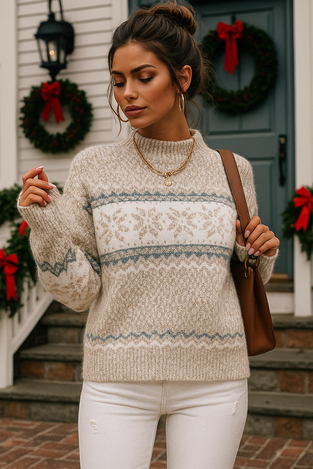 Fair Isle Snowflake Mock Neck Colorful Sweater Long Sleeve Holiday Retro Knit Top