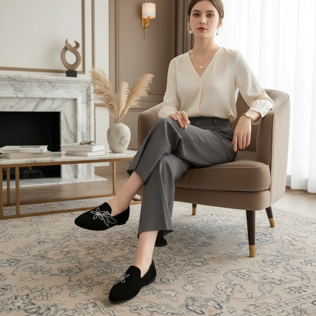 Floral Rhinestone Pointed Toe Flats Smooth Vegan Suede Slip-On Loafer Shoes