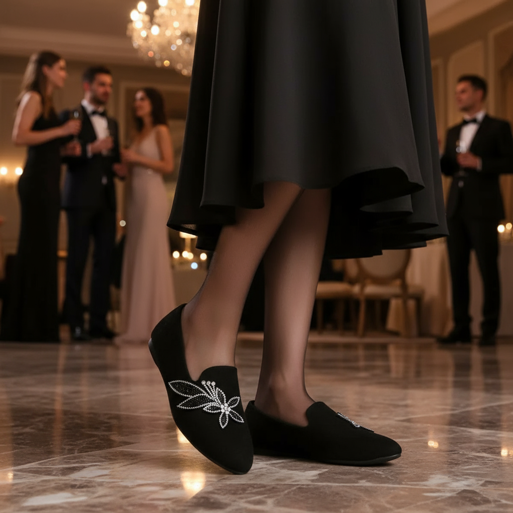 Floral Rhinestone Pointed Toe Flats Smooth Vegan Suede Slip-On Loafer Shoes