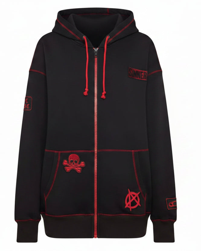 Oversized Skull Skeleton Zip-Up Contrast Stitching Hoodie Front Pocket Jacket