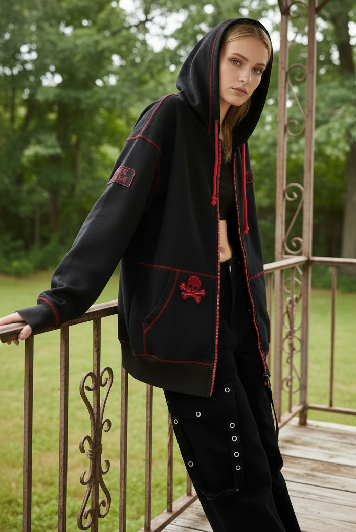 Oversized Skull Skeleton Zip-Up Contrast Stitching Hoodie Front Pocket Jacket