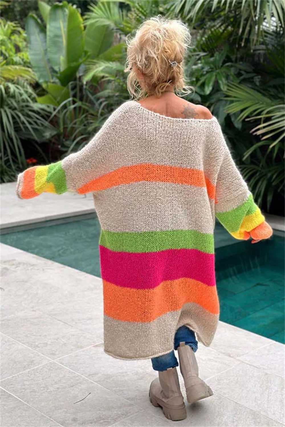 PEACE Oversized Knit Sweater Dress Colorful Contrasting Long Sleeve Knee Midi