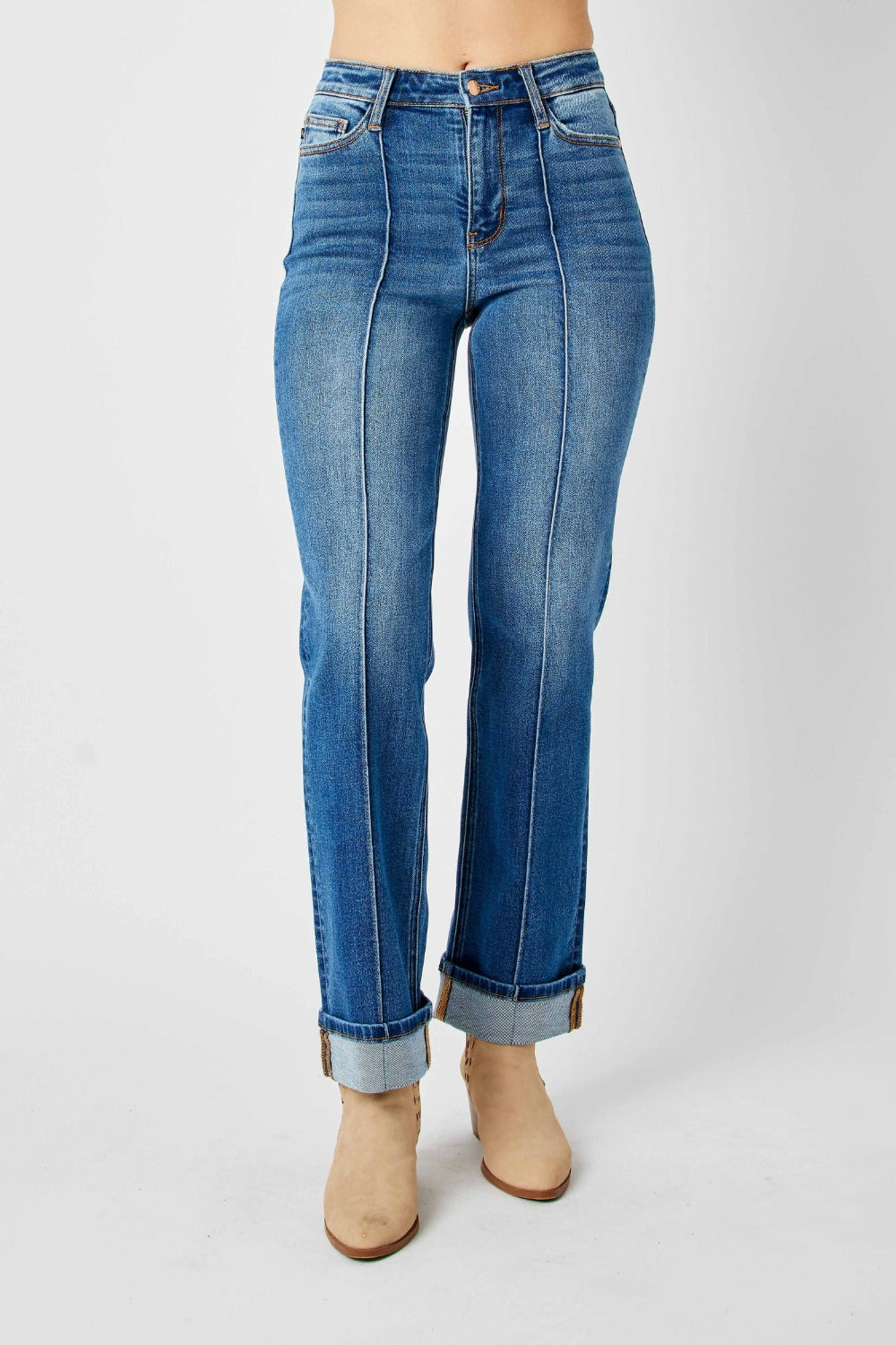 High-Rise Exposed Seam Straight Leg Jeans Dark Denim Pants Judy Blue