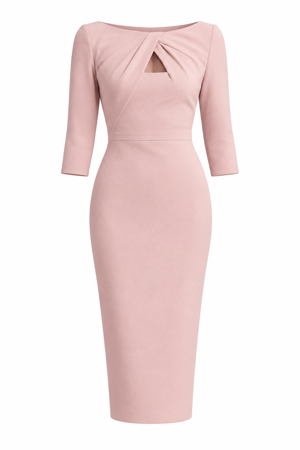 Twisted Front Cutout Wide Boat Neck Bodycon Midi Dress Three Quarter Sleeve