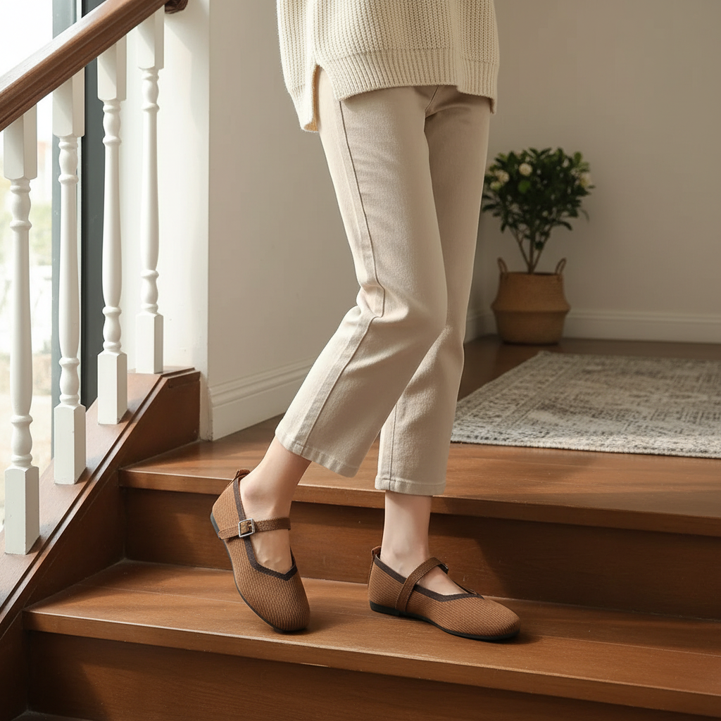 Mary Jane Flats Round Toe Mesh Slip-On Adjustable Buckle Color Contrast Shoes