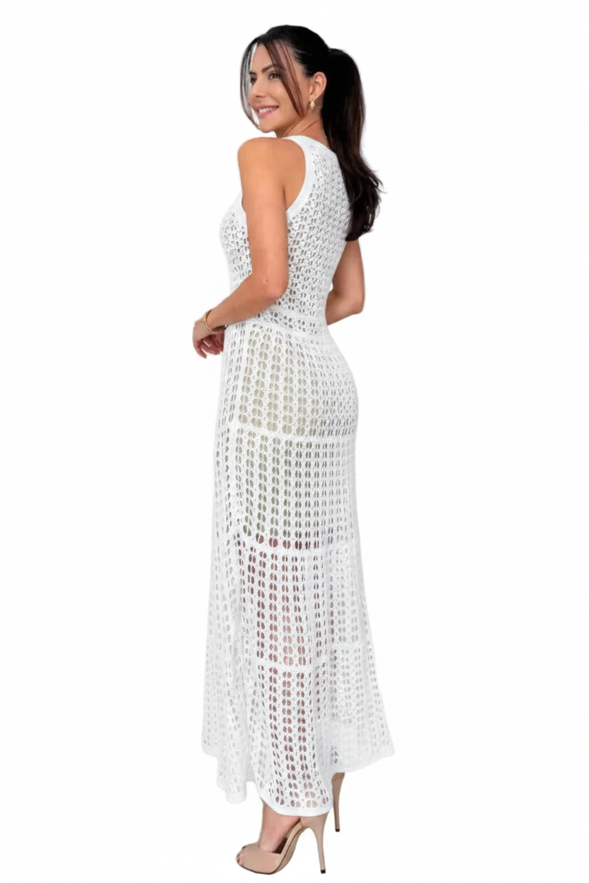 Openwork Crochet Knit Sleeveless Round Neck Illusion Mini Lined A-line Maxi Dress