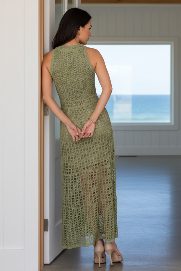 Openwork Crochet Knit Sleeveless Round Neck Illusion Mini Lined A-line Maxi Dress