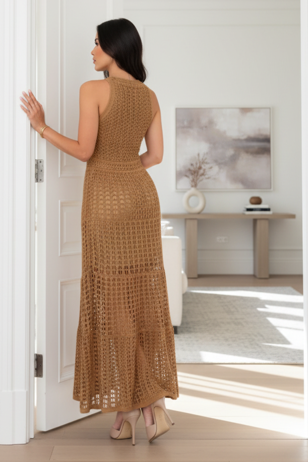 Openwork Crochet Knit Sleeveless Round Neck Illusion Mini Lined A-line Maxi Dress