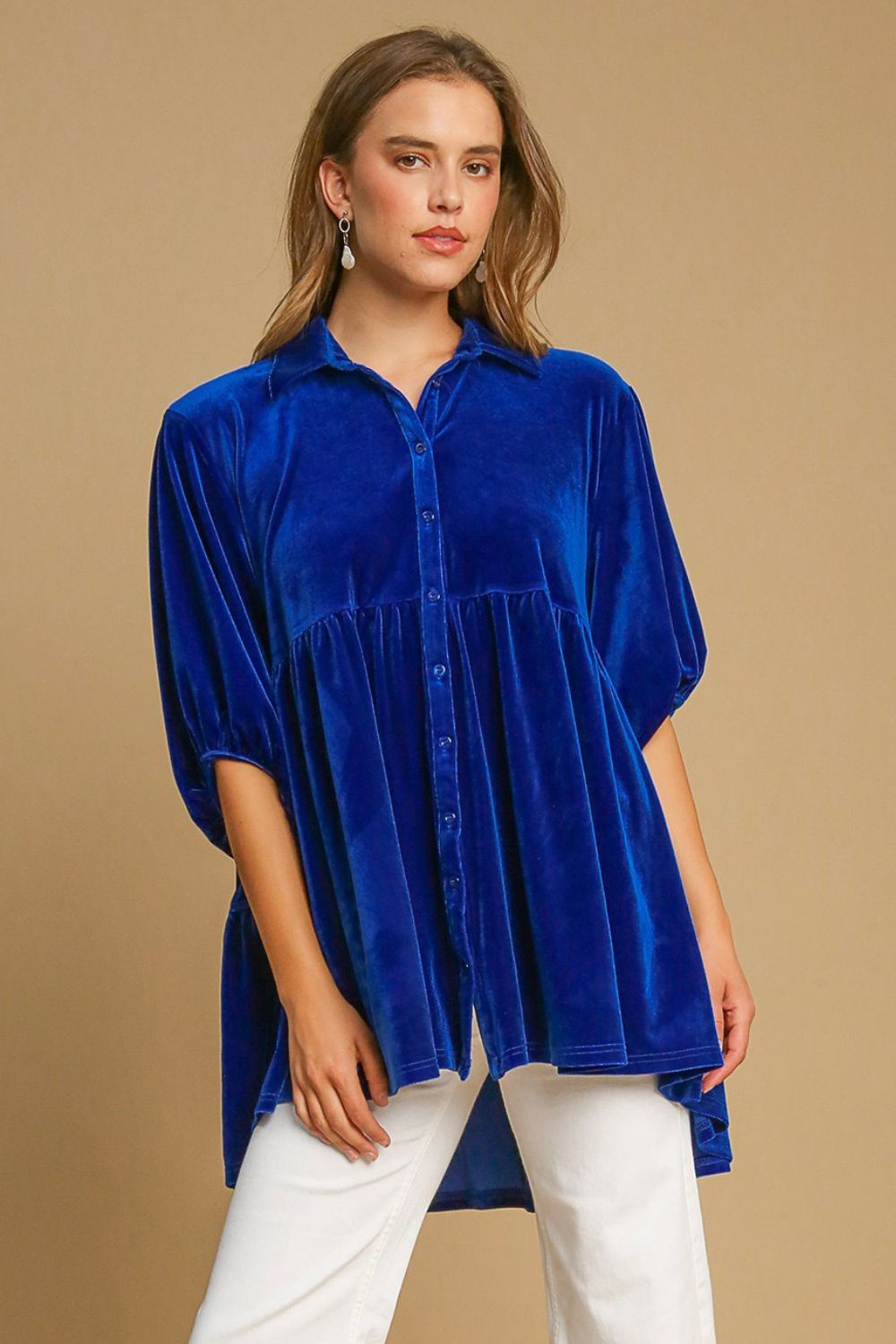 Umgee Velvet Boho Oversized Top Peplum Babydoll Tunic Shirt Tiered Velour Blouse