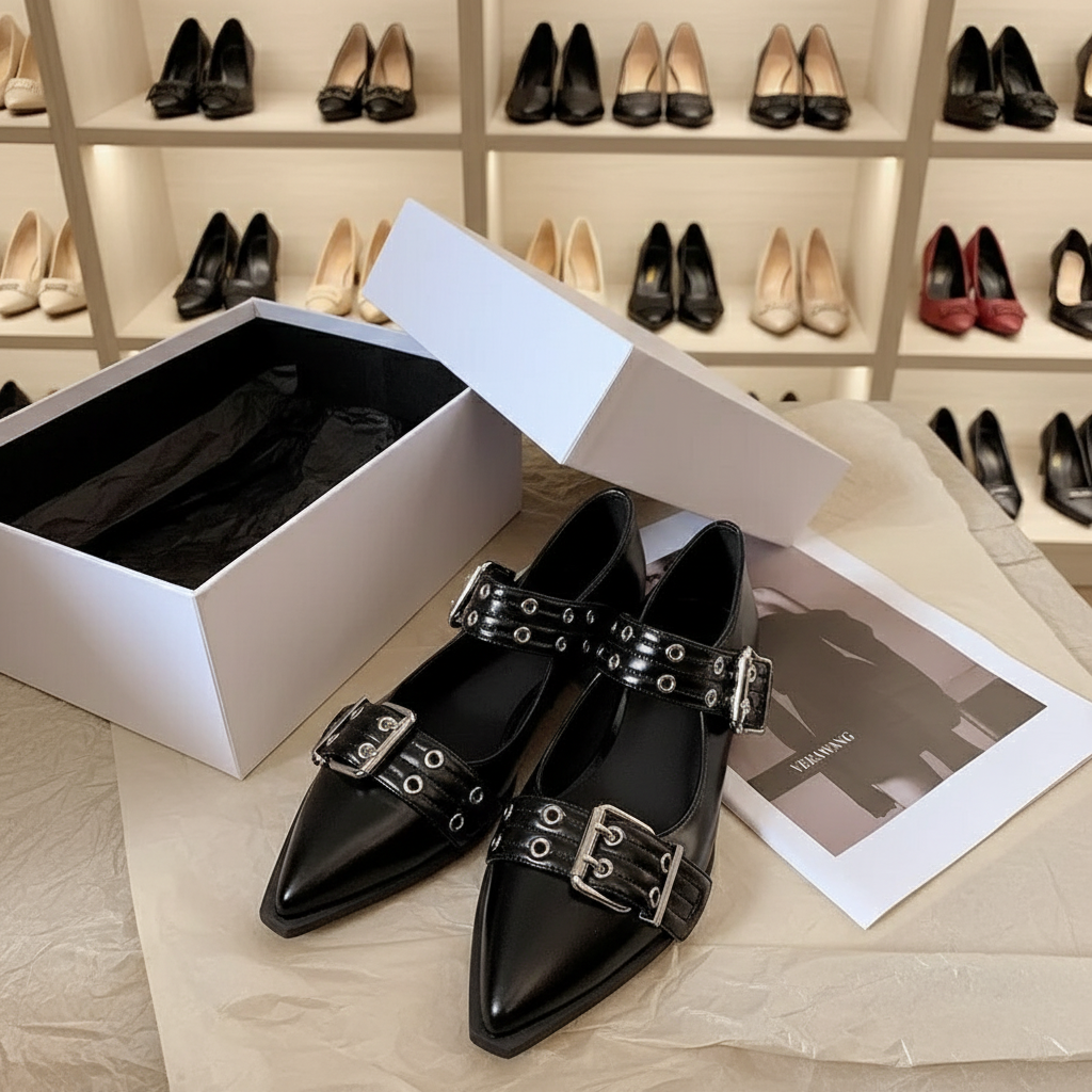 Pointed Toe Adjustable Buckle Strap Shoes Slip-On Mary Jane Vegan Leather