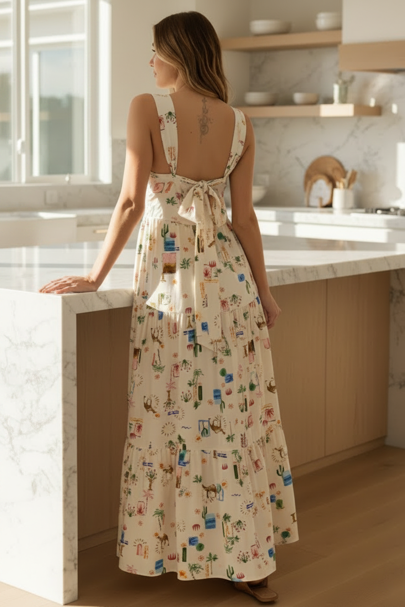 Dramatic Tie Back Mediterranean Square Neck Wide Strap Tiered Maxi Dress