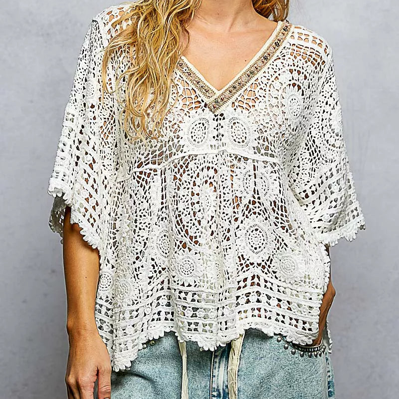POL Beaded Contrasting V-Neck Top Openwork Granny Crochet Scalloped Hem Blouse Off-white