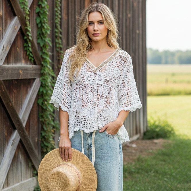 POL Beaded Contrasting V-Neck Top Openwork Granny Crochet Scalloped Hem Blouse Off-white
