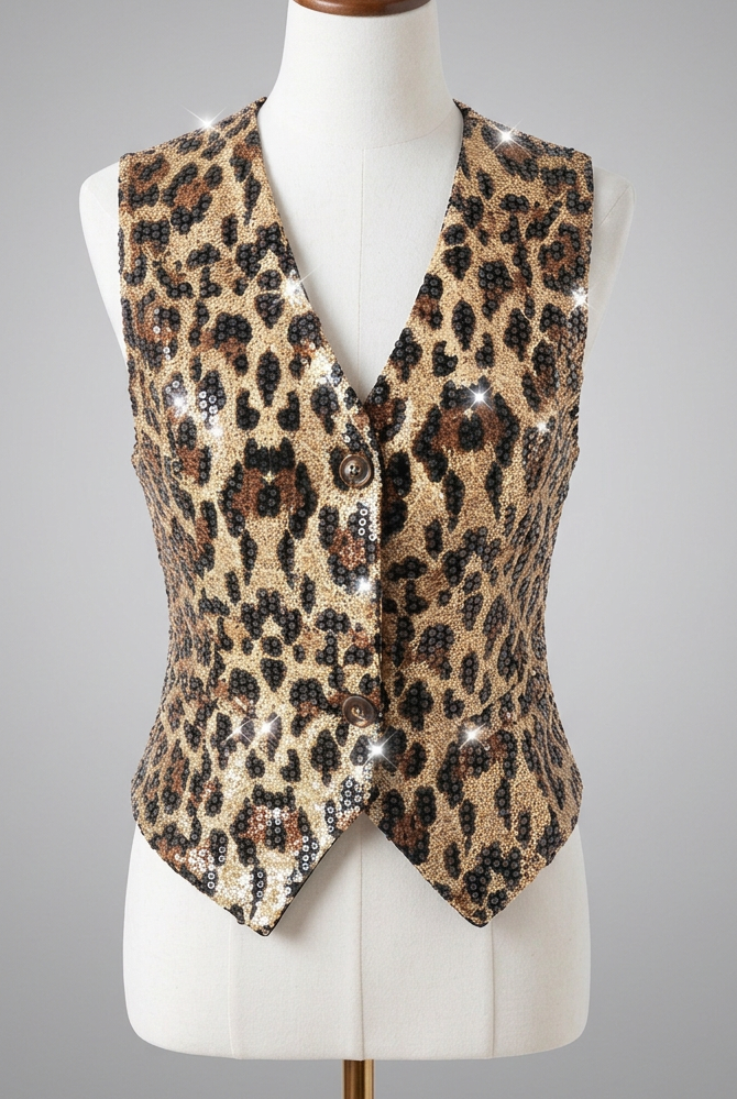 Sequin Leopard Print Button Front V-Neck Tailored Waistcoat Sleeveless Poined Hem Vest
