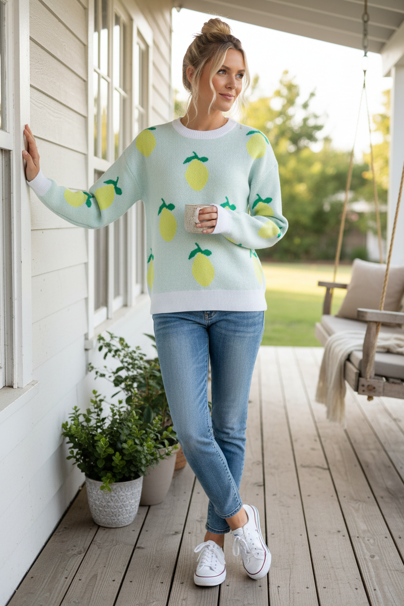 Lemon Intarsia Fruit Knit Crew Neck Long Sleeve Top Ribbed Trim Pullover Sweater