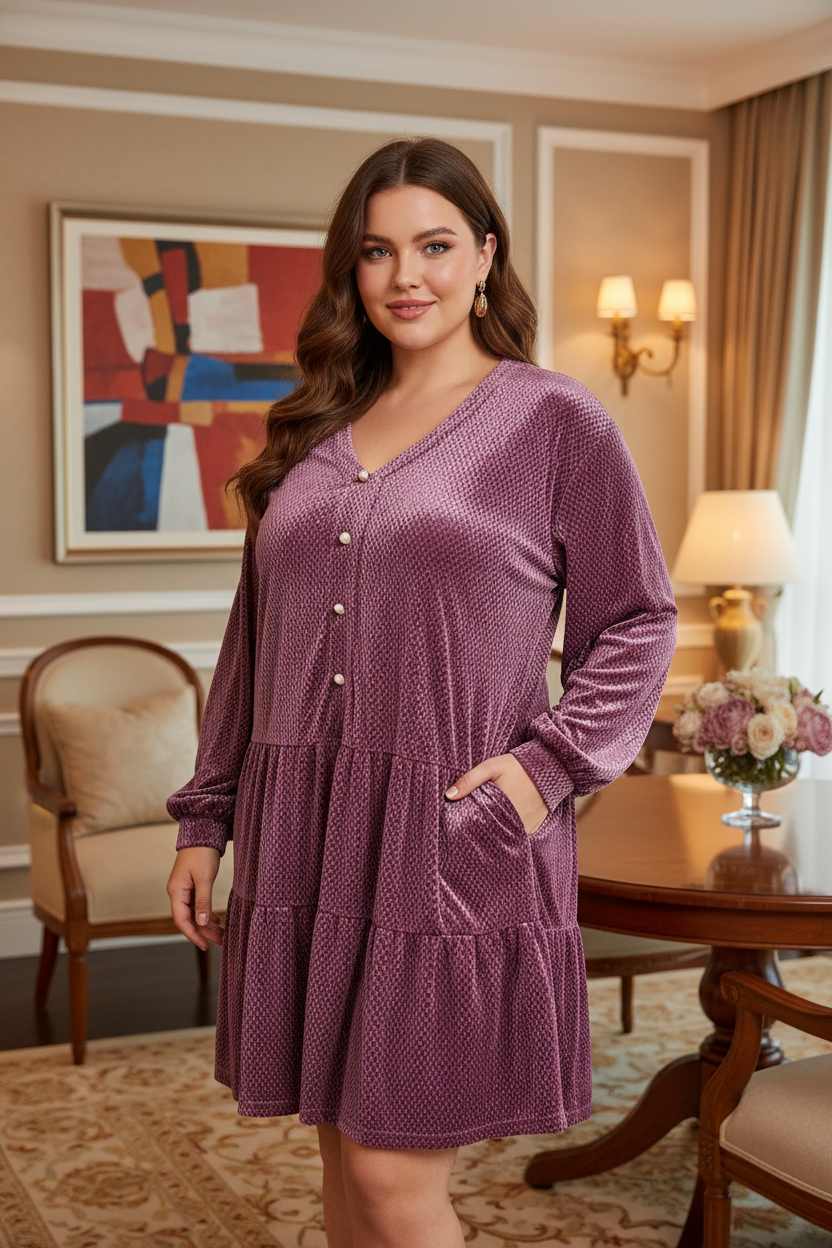 Jacquard Velvet Faux Pearl Button Long Sleeve Slit Pockets Ruffle Tiered Mini Dress Plus Size Only