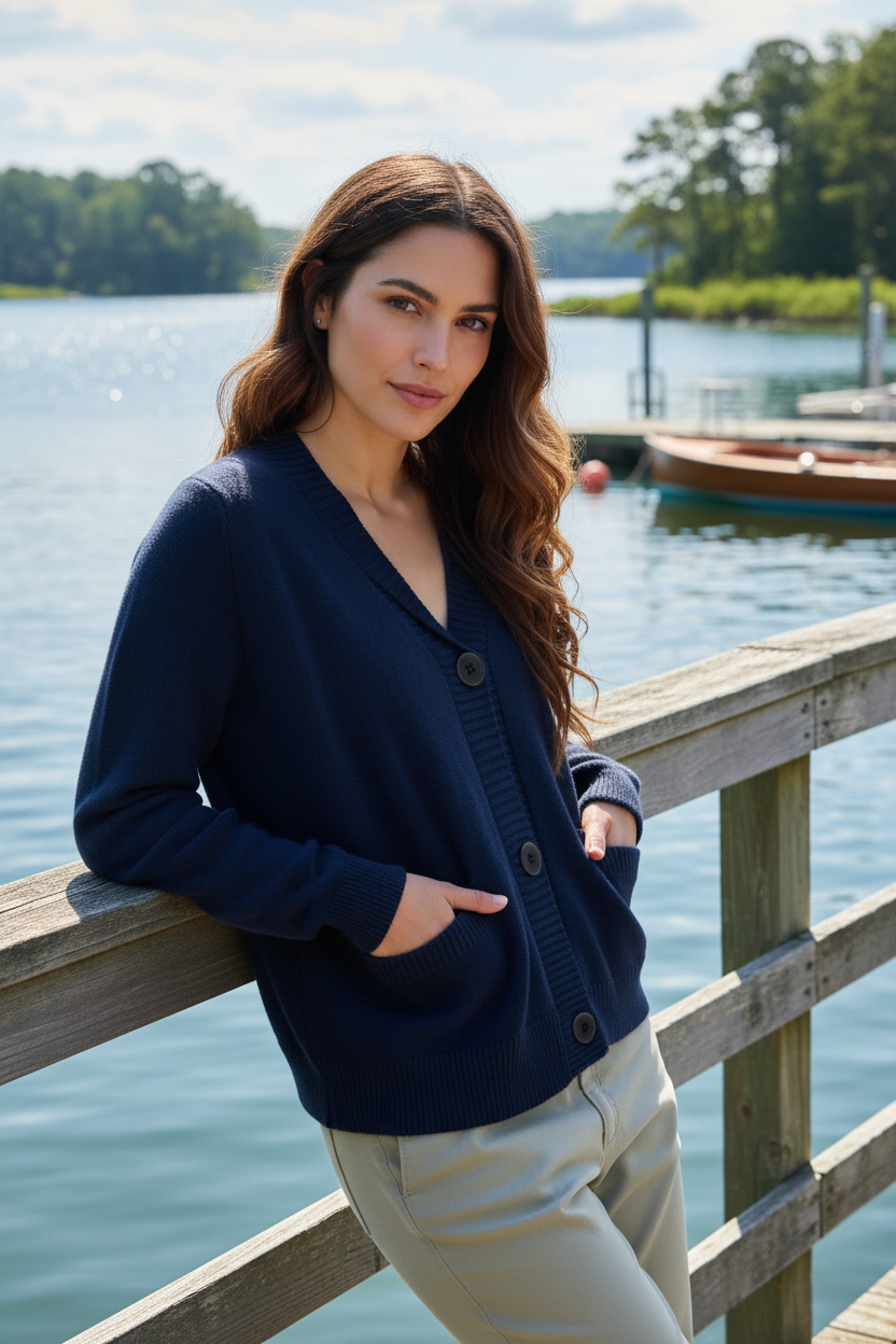 American USA Flag V-Neck Button Front Patch Pocket Long Sleeve Boxy Knit Cardigan