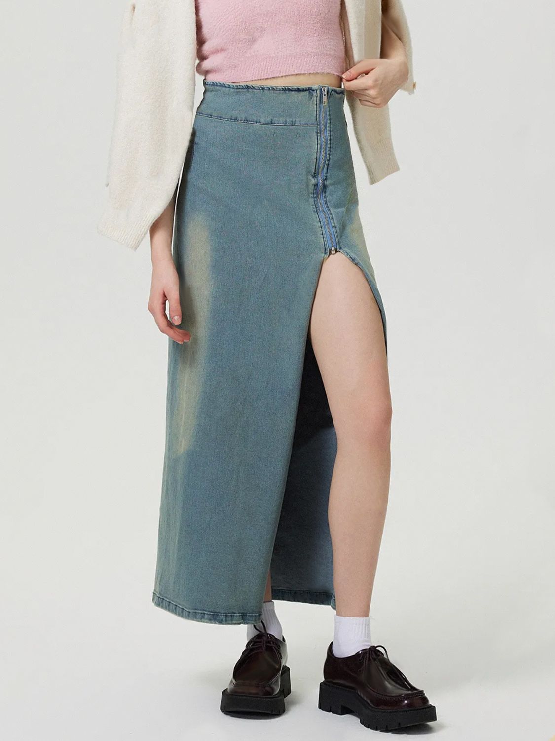 Zipper High-Rise Asymmetrical Cutout Slit Bent Seam Denim Retro Jean Midi Skirt