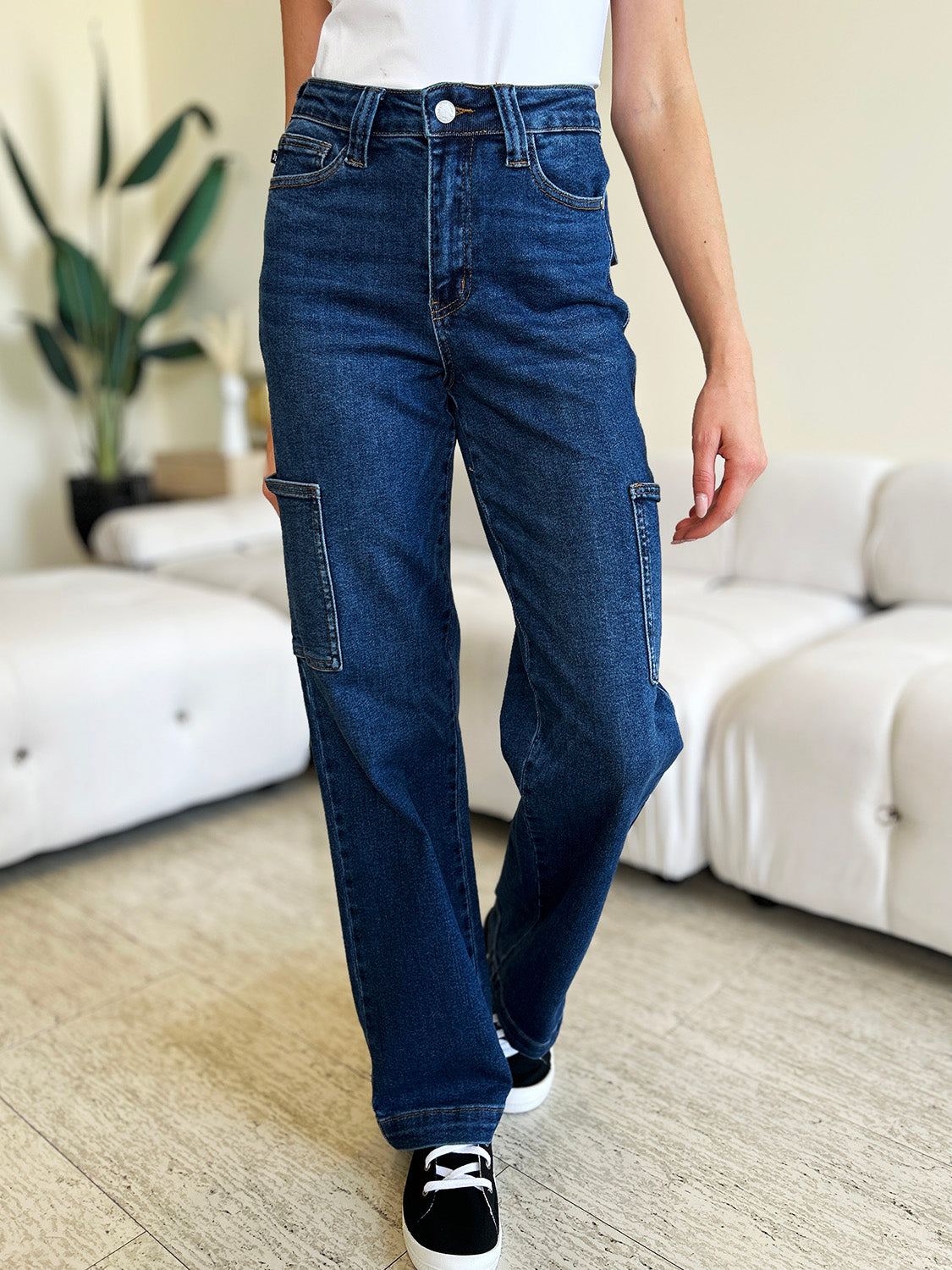 High-Rise Waist Cargo Denim Boyfriend Straight Leg Jean Pants Judy Blue