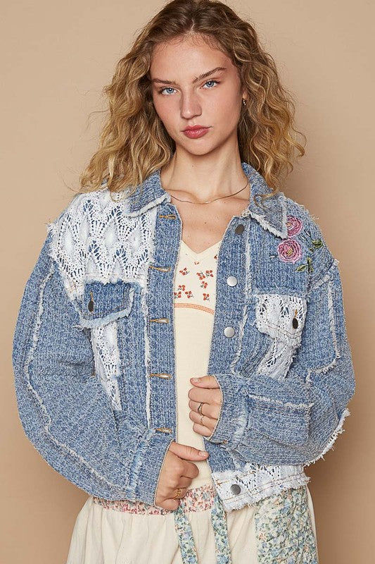 POL Peace Embroidered Floral Crochet Knit Patchwork Boho Button-up Jacket