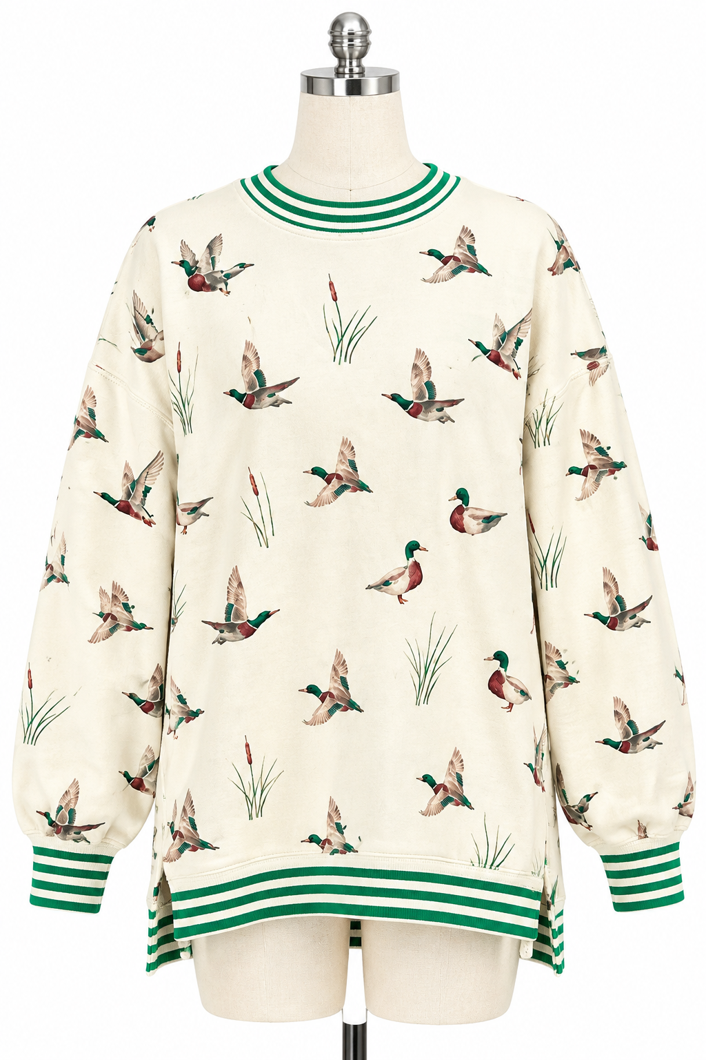 Mallard Duck Oversized Crewneck Sweatshirt Striped Ribbed Trim Split Hem Pullover