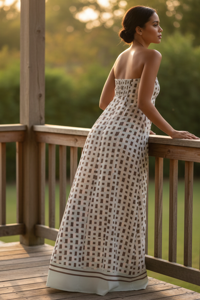 Strapless Column Tube Dress Smocked Backless Long Maxi