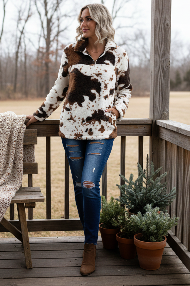 Fuzzy Cow Sherpa Quarter-Zip Teddy Pullover Cowgirl Sweatshirt Western Top