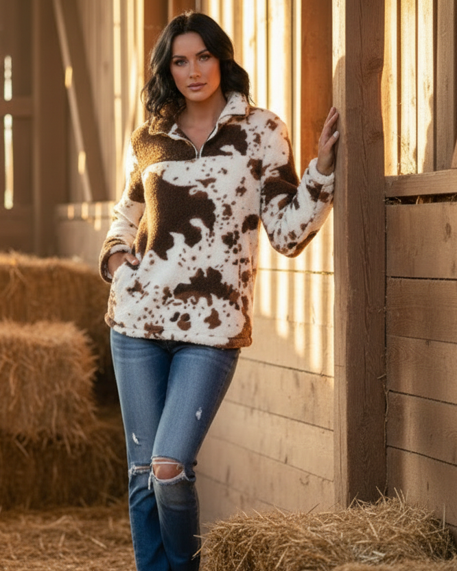 Fuzzy Cow Sherpa Quarter-Zip Teddy Pullover Cowgirl Sweatshirt Western Top