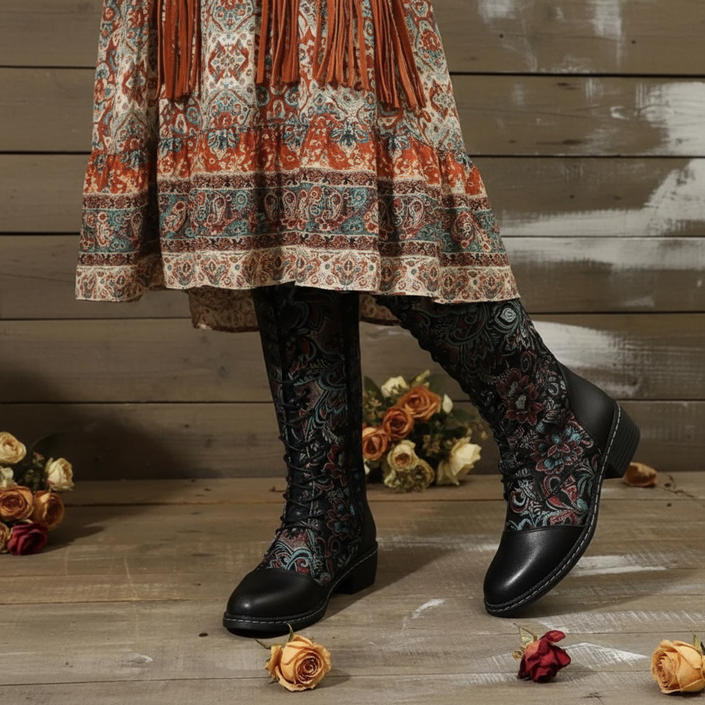 Victorian Floral Lace-Up Vegan Leather Tall Boots Retro Vintage Renaissance Riding Shoes