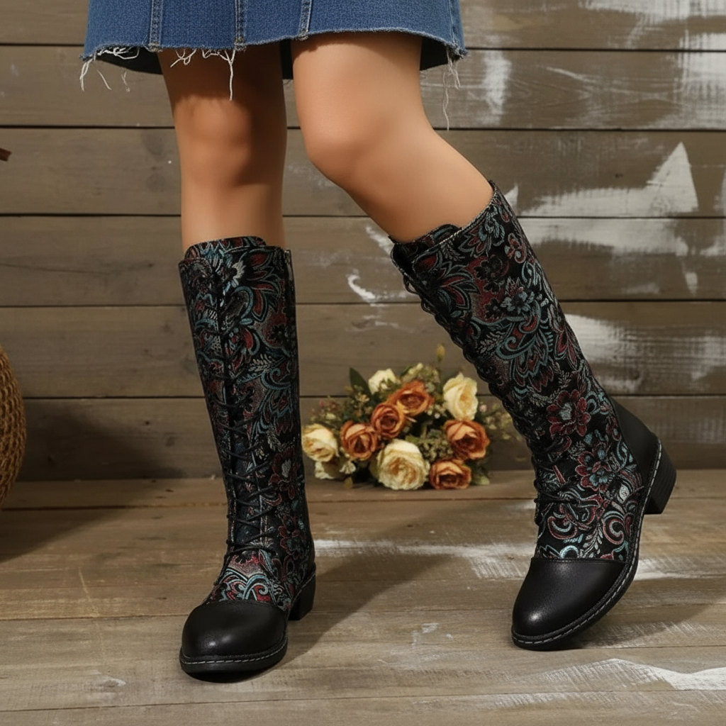 Victorian Floral Lace-Up Vegan Leather Tall Boots Retro Vintage Renaissance Riding Shoes