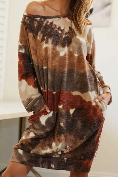 BiBi Tie Dye Soft Jersey Knit Oversized  Side Slit Pockets Knee Length Shirt Dress