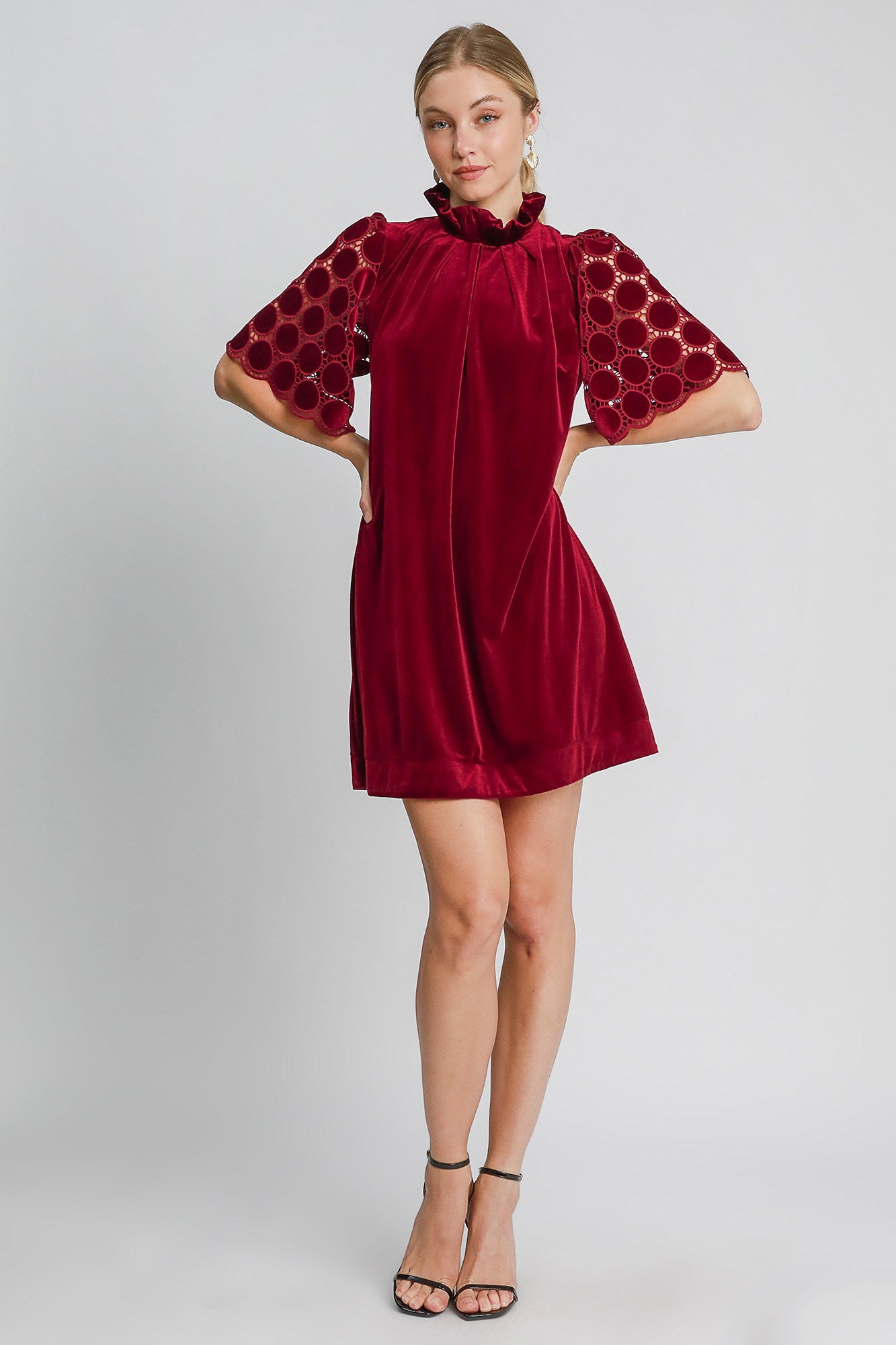 Umgee Velvet Polka-dot Lace Trapeze Ruffle Mock Neck Bow Mini Shift Dress