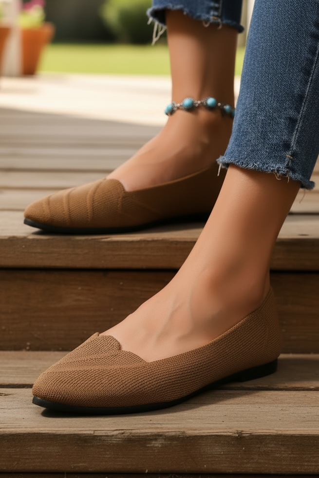 Jacquard Mesh Knit Pointed Toe Flats Slip-On Ballet Shoes Scalloped Edge Loafers