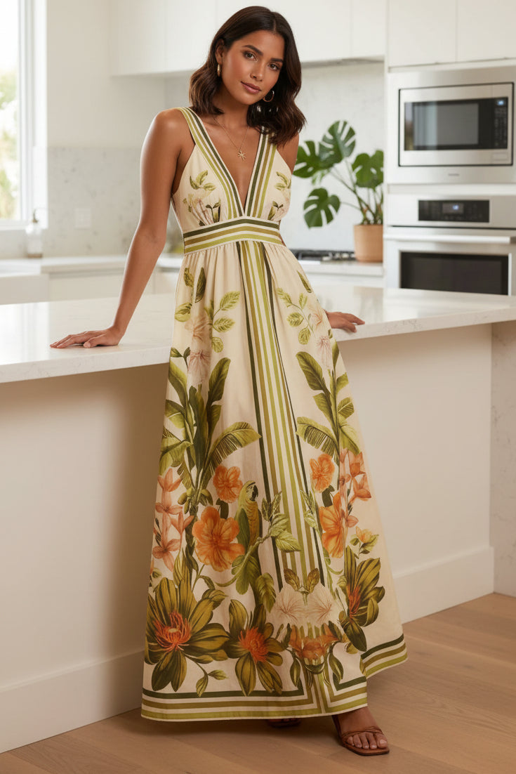 Tropical Parrot Plunge V-Neck Maxi Dress Smocked Back Wide Strap Resort Maxi Dress