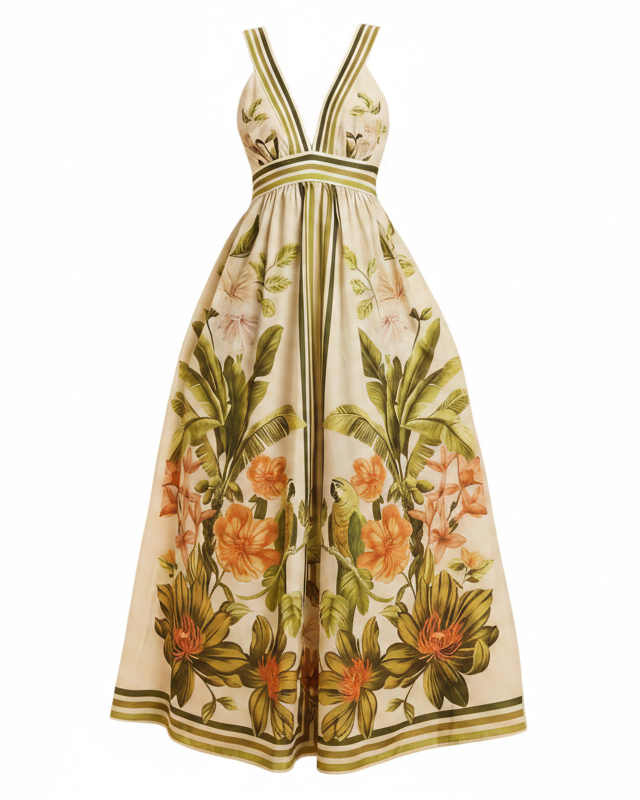 Tropical Parrot Plunge V-Neck Maxi Dress Smocked Back Wide Strap Resort Maxi Dress
