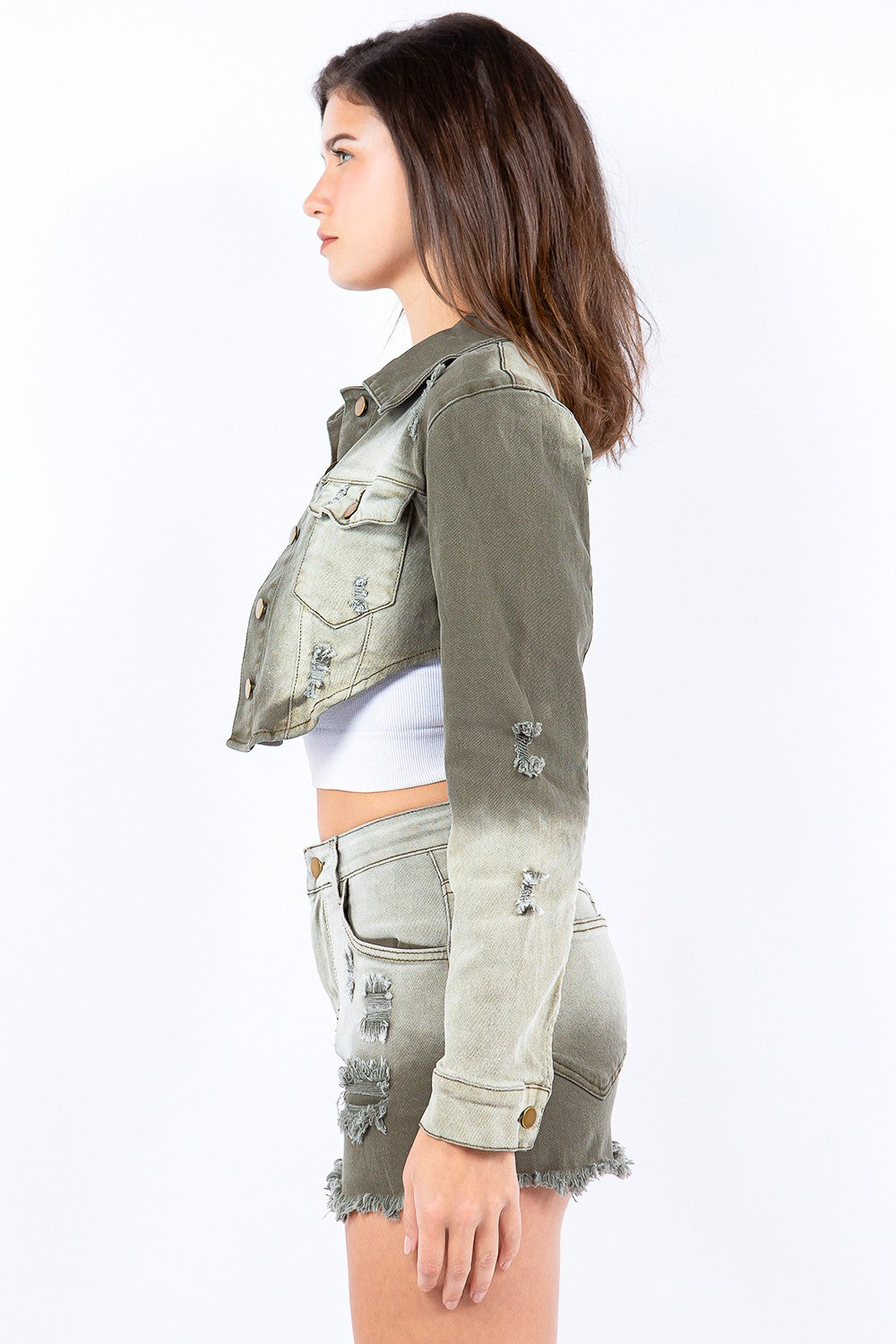 American Bazi Distressed Denim Cropped Button-Up Washed Green Ombre Jean Jacket