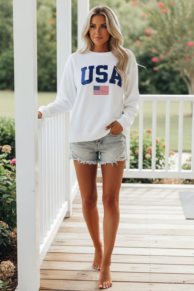Rustic USA Flag Graphic Corded Rib Lightweight Long Sleeve Top American Sweatshirt