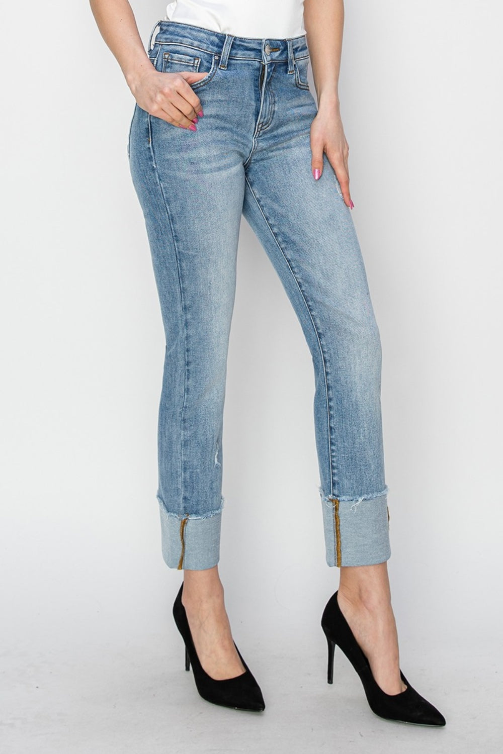 RISEN High-Rise Straight Leg Jeans Ankle Cuffed Hem Distressed Denim Pants