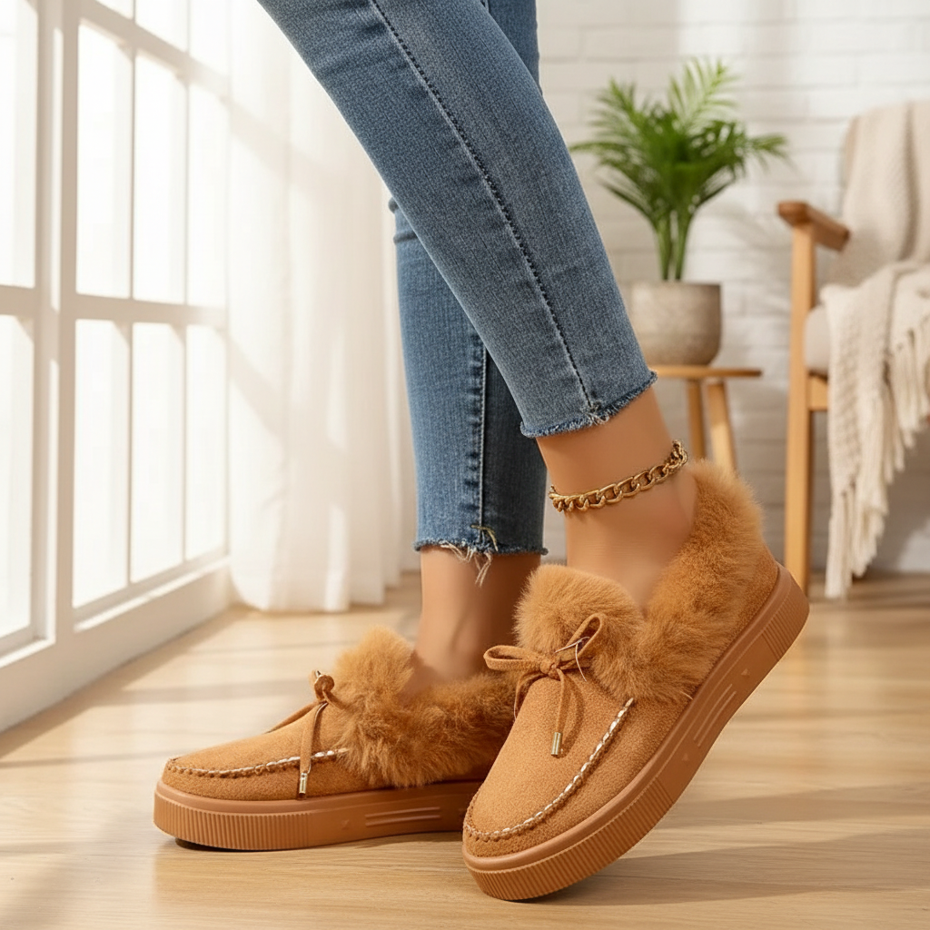 Bow Top Plush Faux Fur Loafers Slip-On Moccasin Soft Flat Outdoor House Shoes